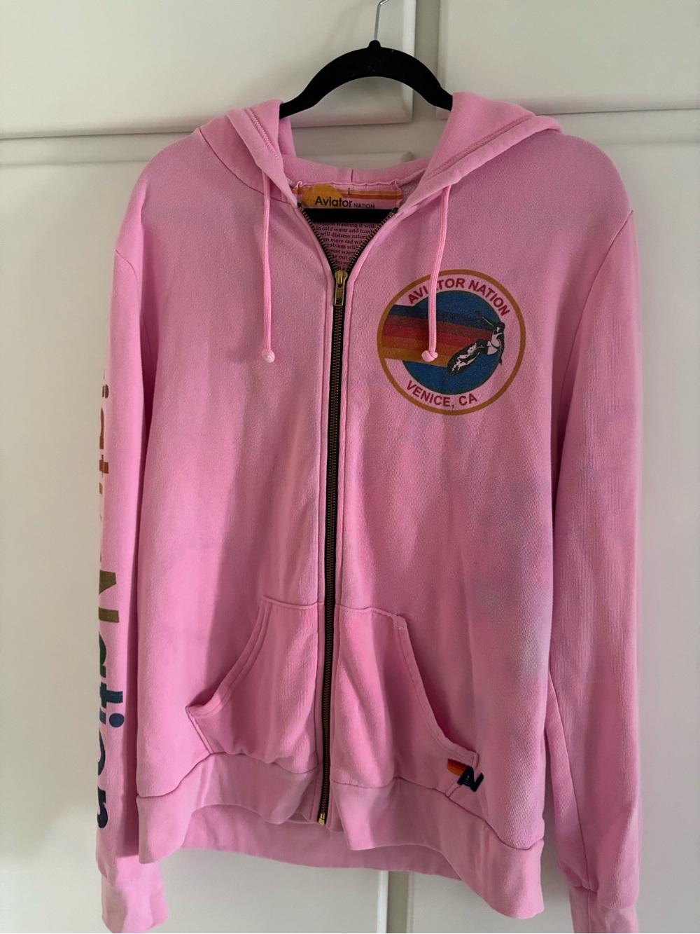 Aviator Nation Pink Zip Hoodie with Venice Patch and Multicolor Sleeve Print
